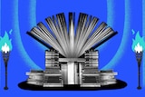 A throne made out of books surrounded by two fire torches with a blue background.