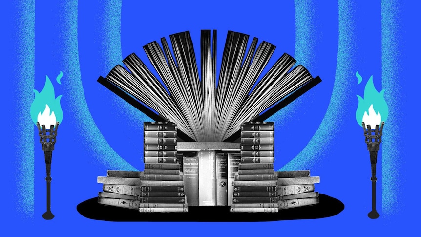 A throne made out of books surrounded by two fire torches with a blue background.