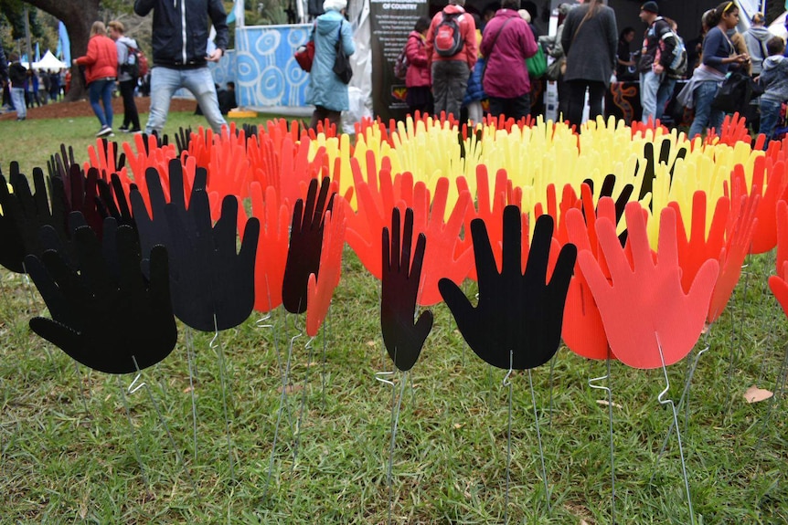 Aboriginal sea of hands at NAIDOC Week celebrations in Hyde Par