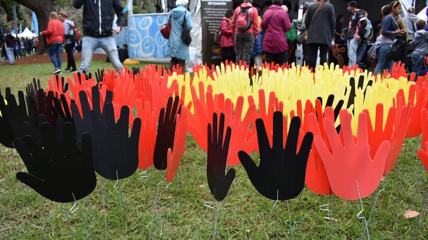 Aboriginal sea of hands at NAIDOC Week celebrations in Hyde Par