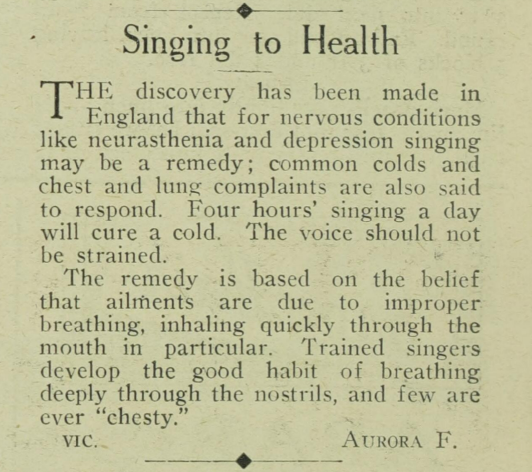 An old newspaper clipping advising that people should sing for four hours a day to ward off the common cold. 
