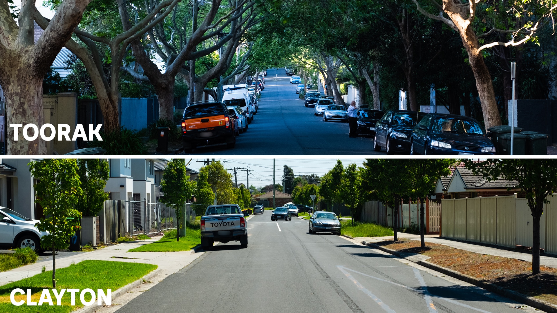 A leafy shady street on top in Toorak and a sunny street with fewer trees in Clayton.