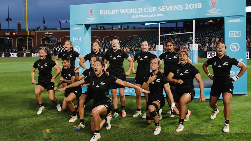 New Zealand perform a Haka after beating France in the Women's Rugby Sevens in San Francisco.