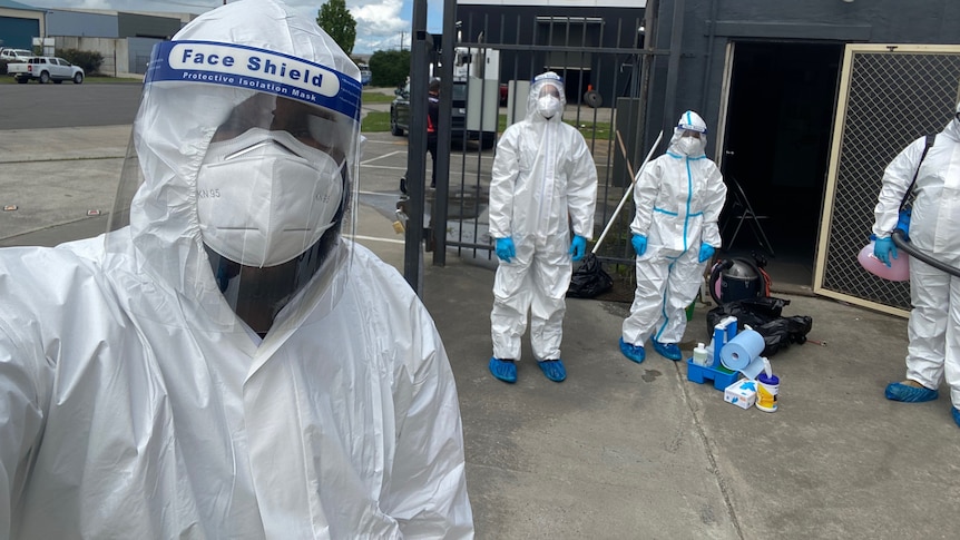 Chanaka (Sam) Kahandawala and his cleaning staff at a COVID exposure site in Melbourne. 