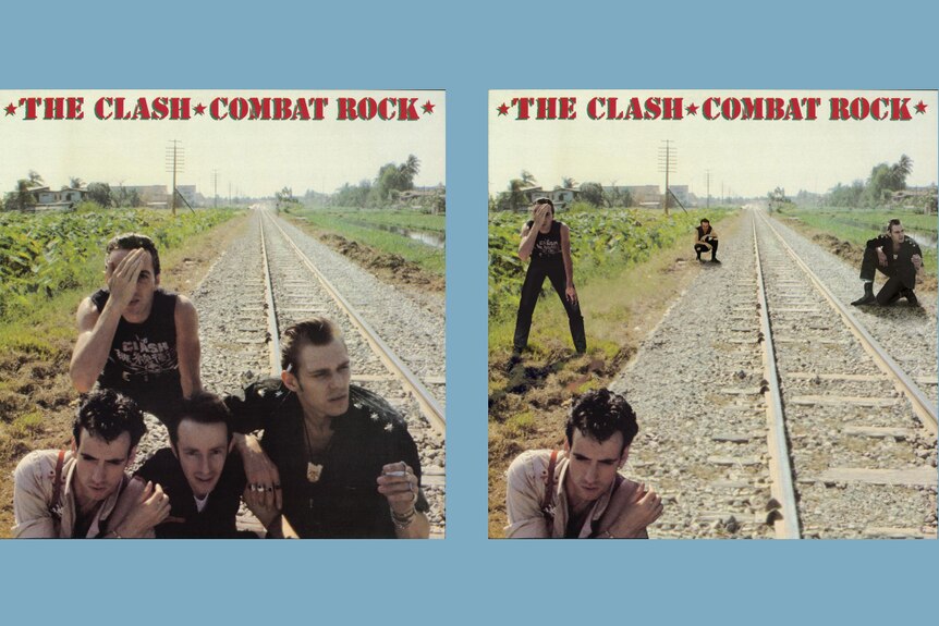 The Clash Combat Rock album cover, next to the same cover with the members spaced further apart