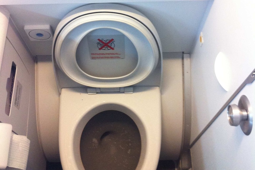 A photo of an airplane toilet