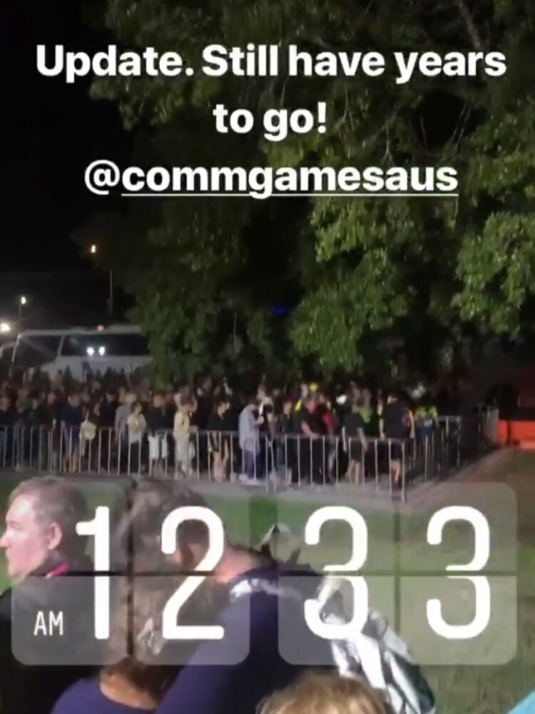 Still from a Snapchat post of long lines of people waiting for buses after the Commonwealth Games opening ceremony.