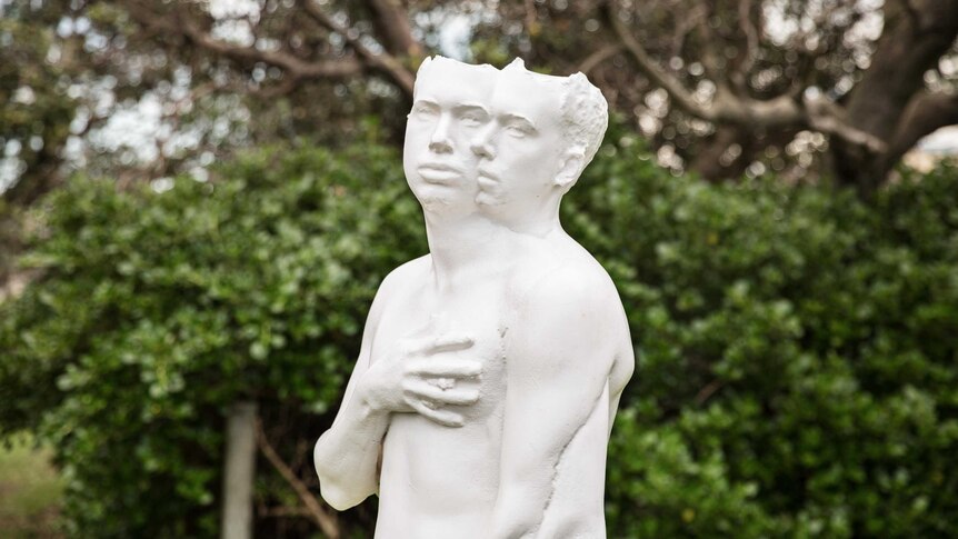 Sculpture “Whispering to Venus” is a 3D print of the naked artist Itamar Freed.
