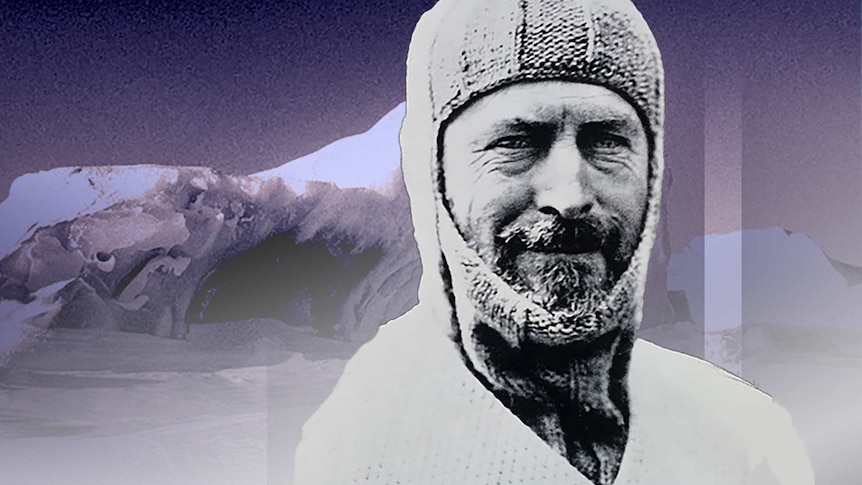 Collage of Henry Mawson in Antarctic clothing with an iceberg in the background.