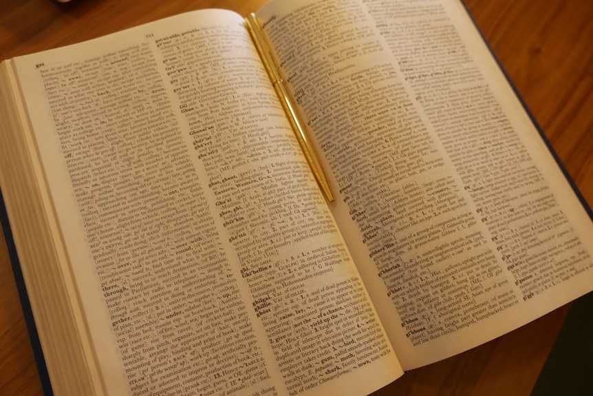 A close up image of a dictionary with a gold pen in the middle. The dictionary is on a wooden desk.