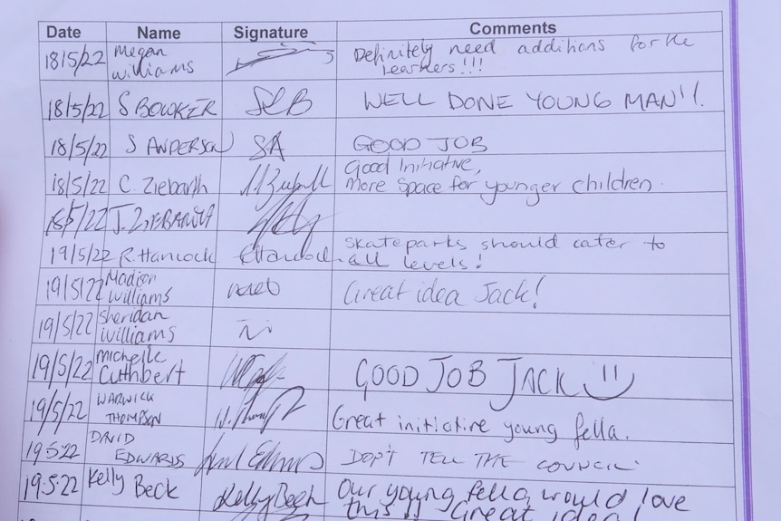 A sheet filled with dates, names, signatures and messages of support for Jack Birthisel's skating structure plans
