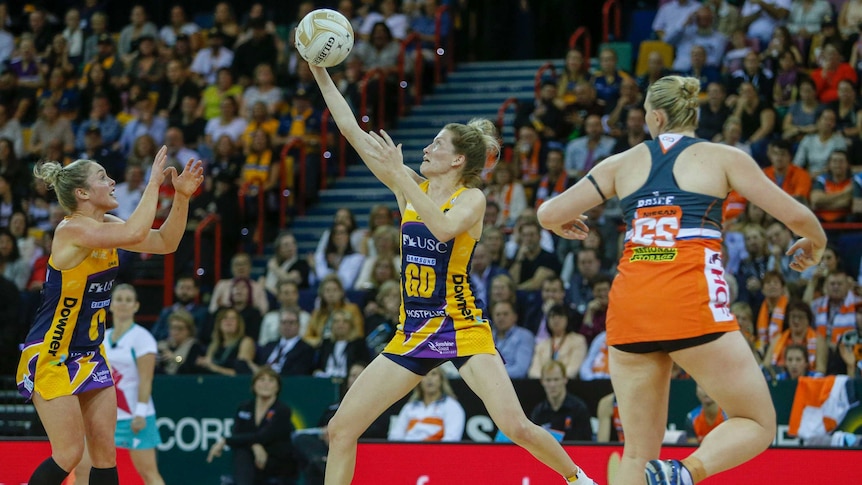 The Lightning's Karla Mostert works in defence against the Giants in the grand final.