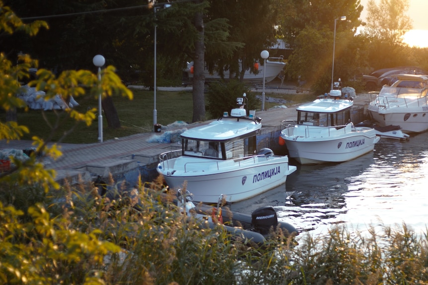 Police boats are parked infront of the Ohrid water police station.