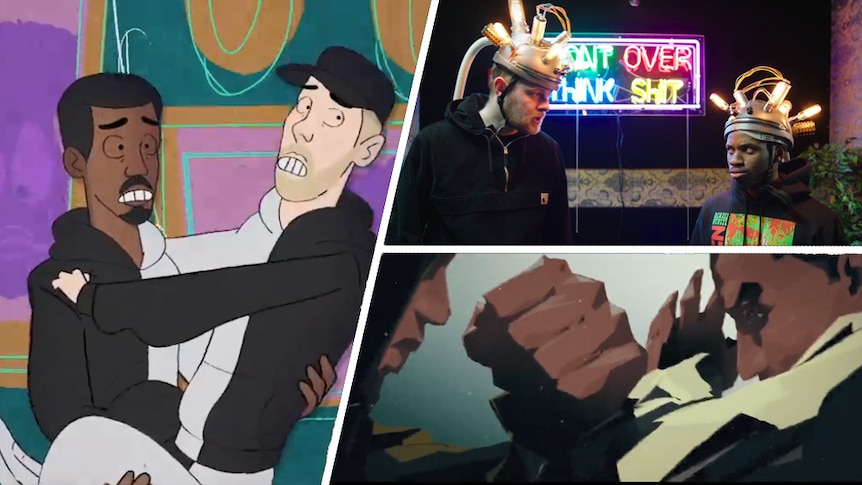 A collage of screencaps from Denzel Curry & Kenny Beats' Unlocked video project