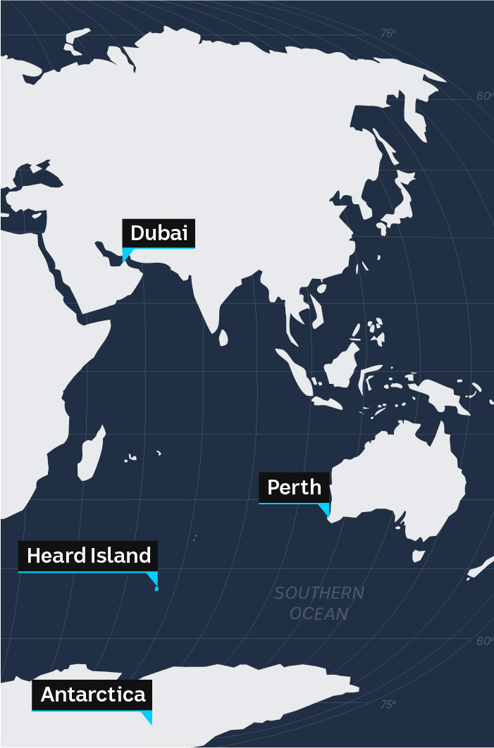 Vector map showing location of Dubai, Perth, Heard Island and Antarctica.
