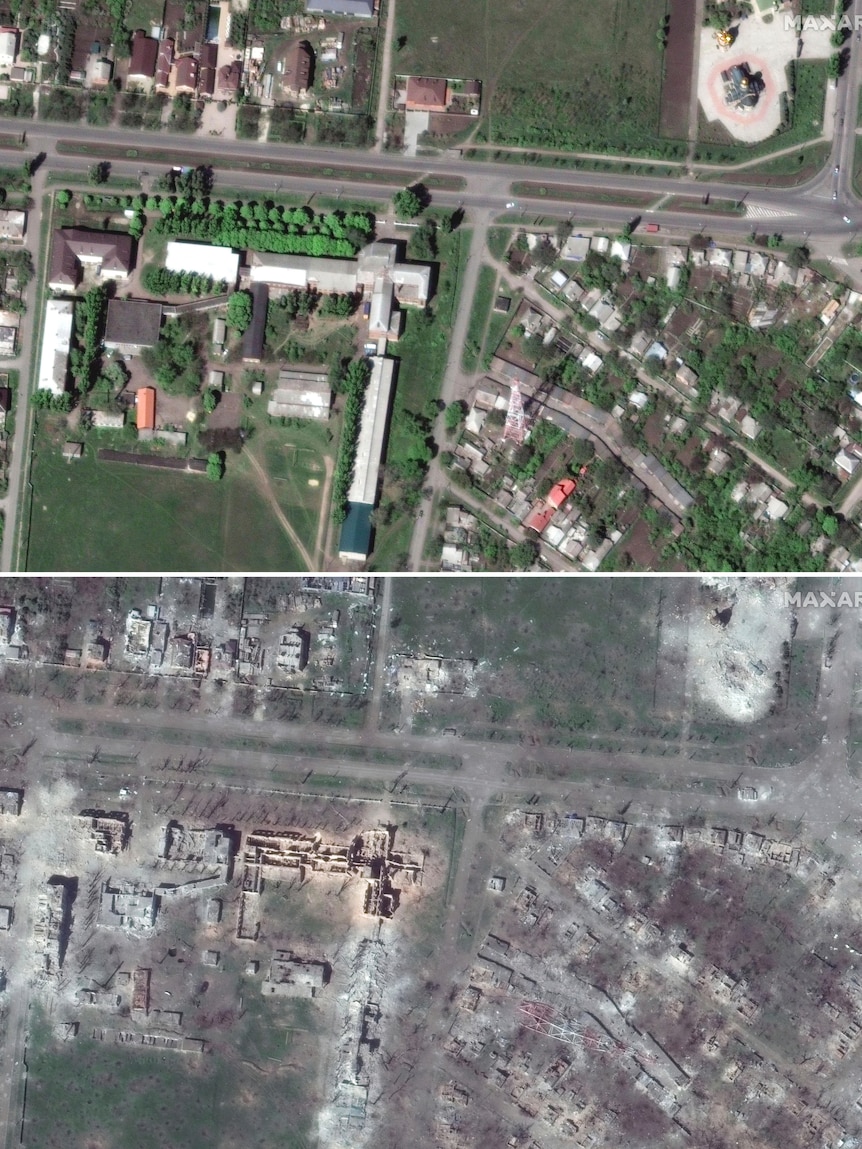 Two composite images show green grass and colourful roofs, but below the image shows grey and brown landscape.