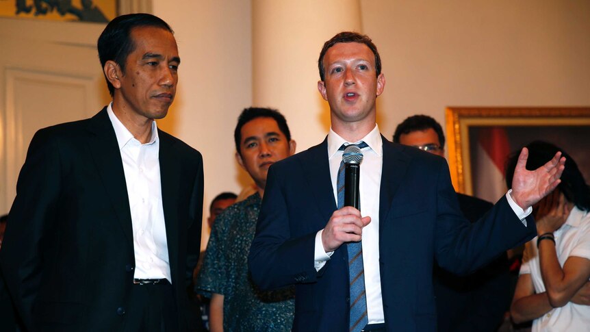 Jokowi Widodo and Mark Zuckerberg speak to reporters at Jakarta City Hall