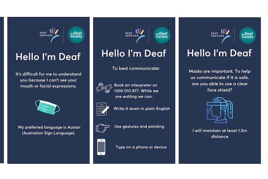 Graphics with different messages on them that explain the needs of people who are deaf or hard of hearing