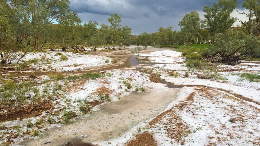 Hail in the Todd River bed.