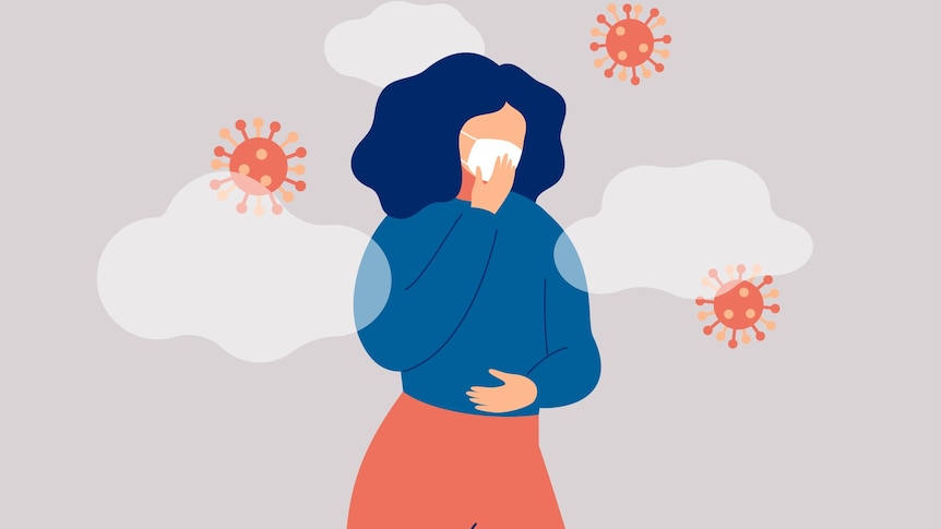 An illustration of a woman wearing a face mask with virus particles in the air around her