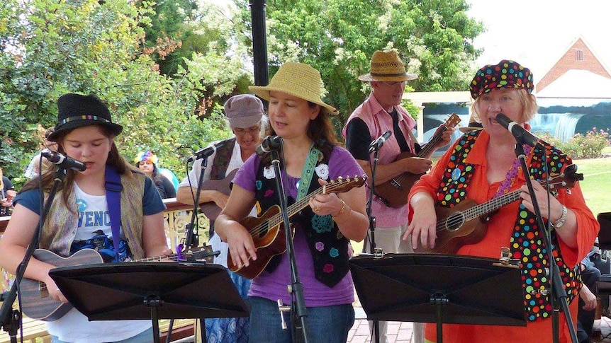Bubble and Squeak members performing at the Great Adelaide Ukulele Picnic in December.