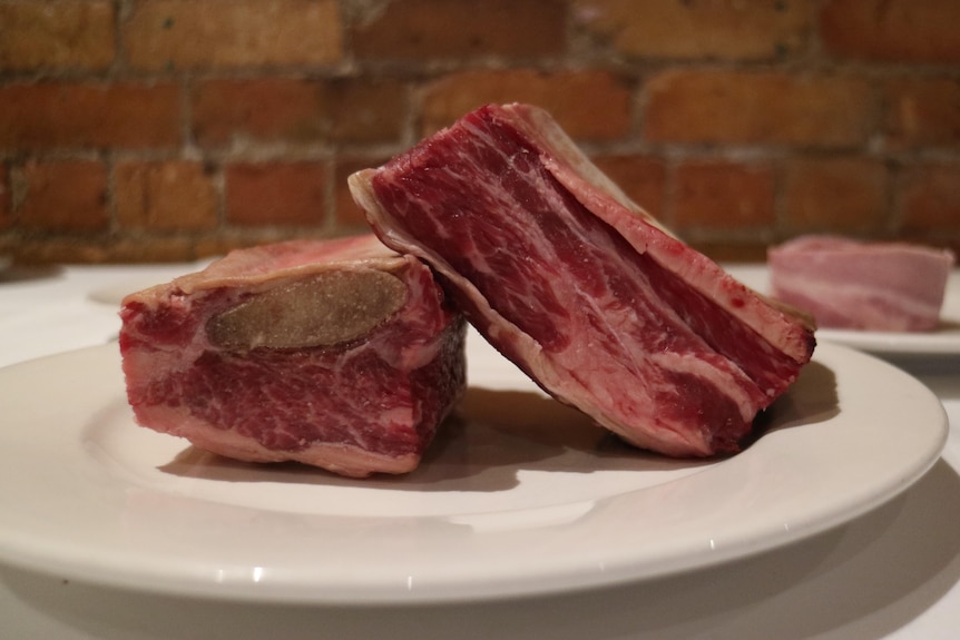 two pieces of beef rest on a plate