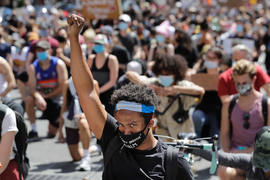 Protesters march through the streets of Manhattan, New York.