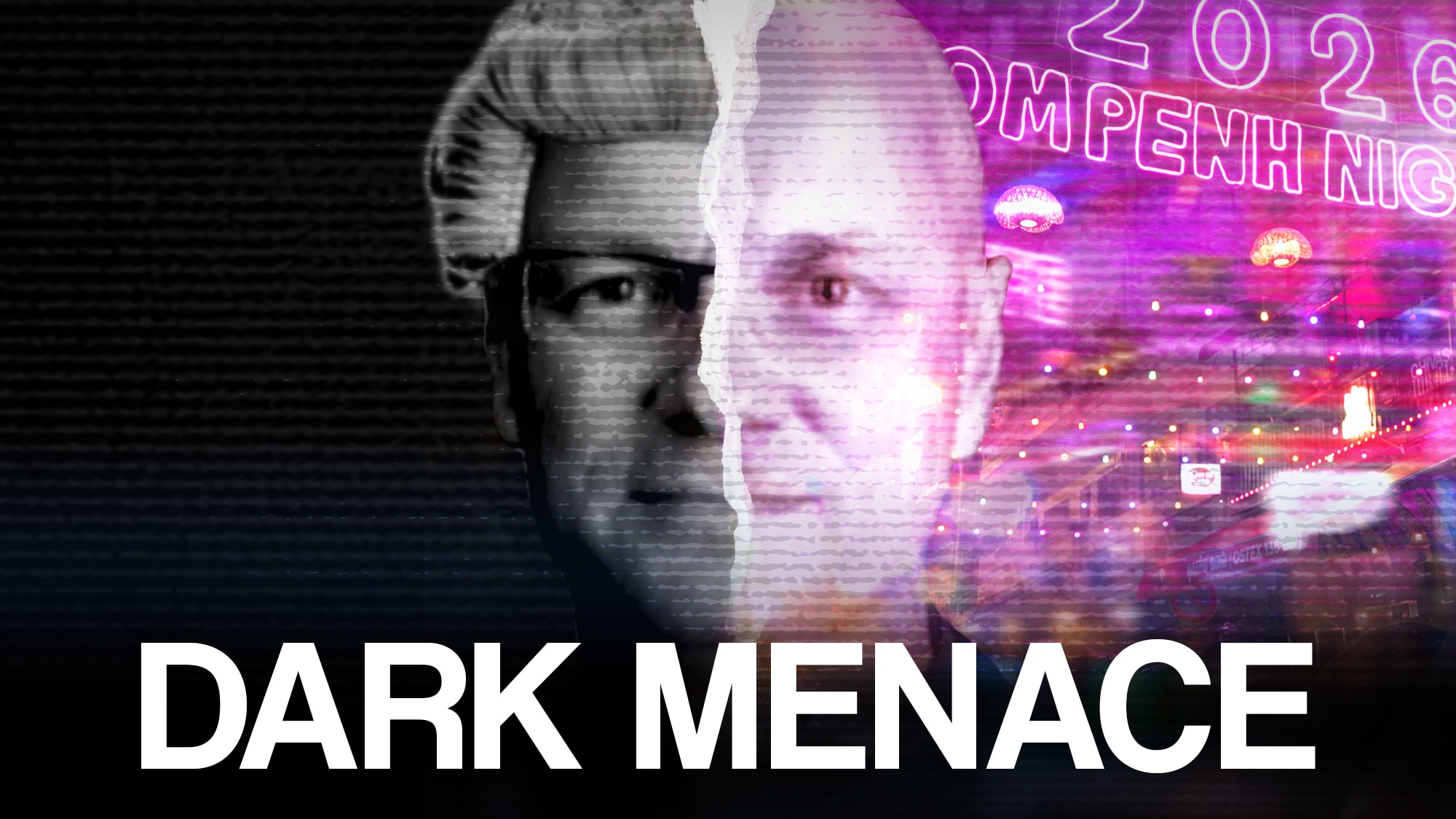A designed image showing a man's face. On one side, a barrister's wig. On the other, no wig, and neon lights.