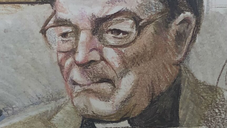 A sketch of George Pell sitting in the County Court.
