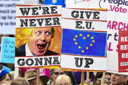 Protesters hold up placards that say "we're never gonna give EU up"