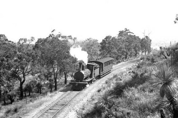 Steam train on the Zig Zag railway in 1937, black and white image