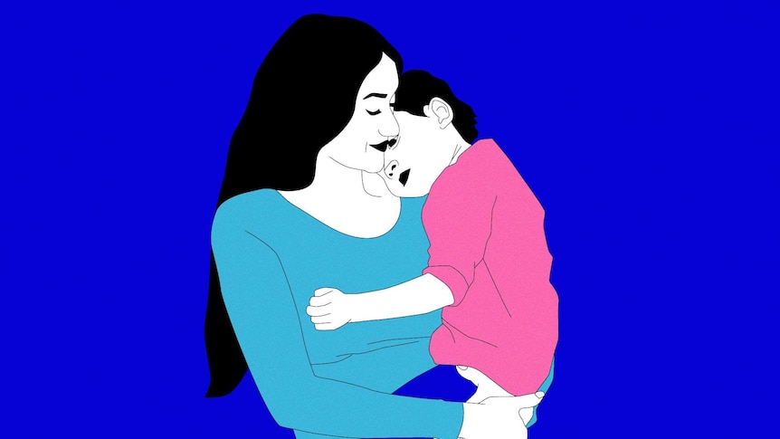 An illustration of a mother with long black hair holding her young child on her hip with its head in the crook of her neck