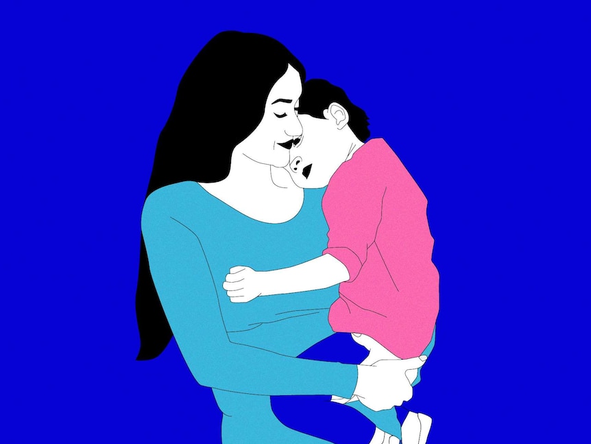 An illustration of a mother with long black hair holding her young child on her hip with its head in the crook of her neck