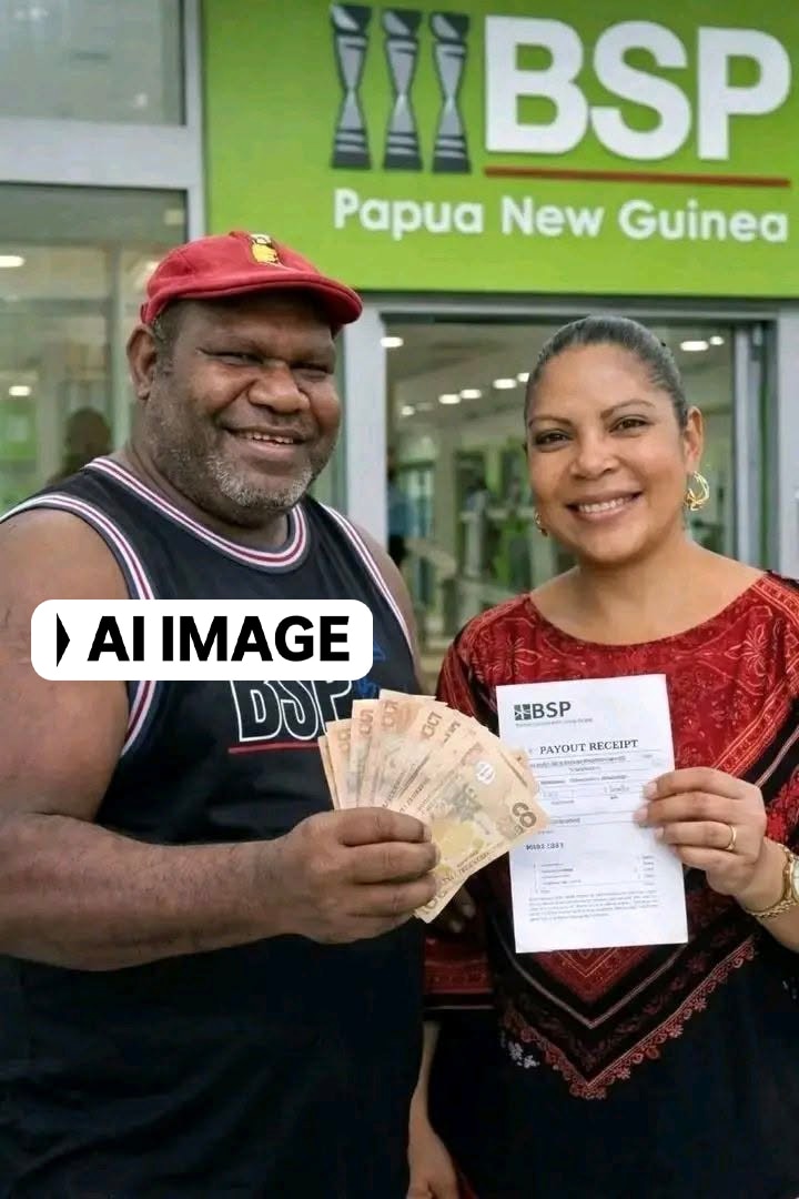 An AI-generated image of a man holding cash and a woman holding a receipt.