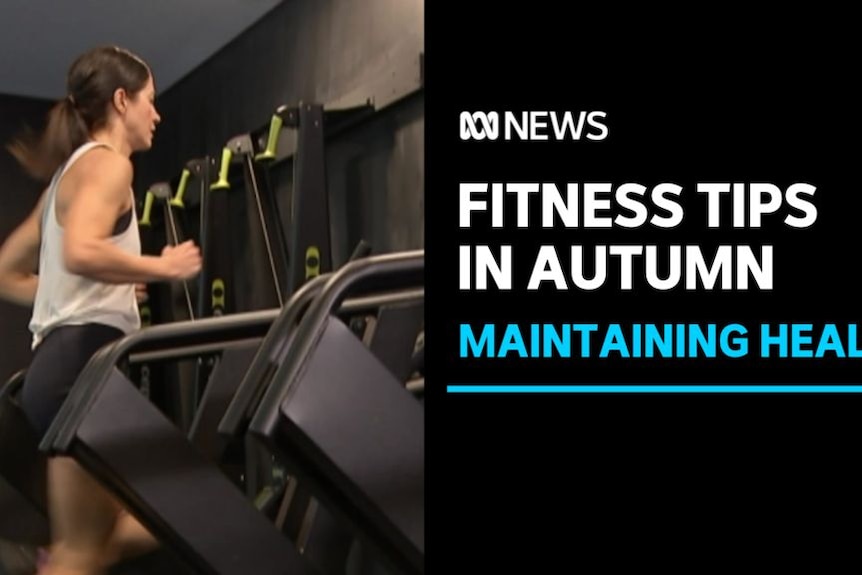 Fitness Tips In Autumn, Maintaining Health: Slim brunette woman runs on black treadmill.