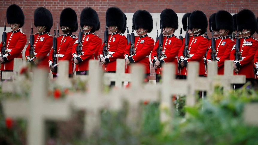 British soldiers attend a commemoration event at the Thiepval memorial.