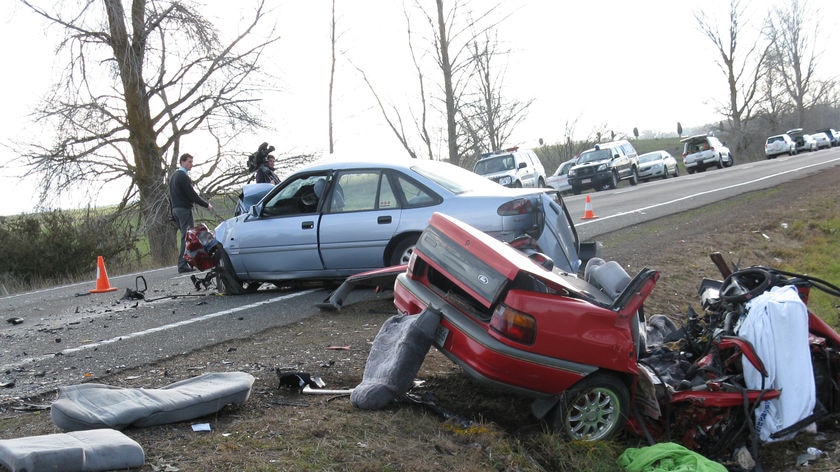 Wreckage of two cars in Conara crash, Tasmania, four killed.