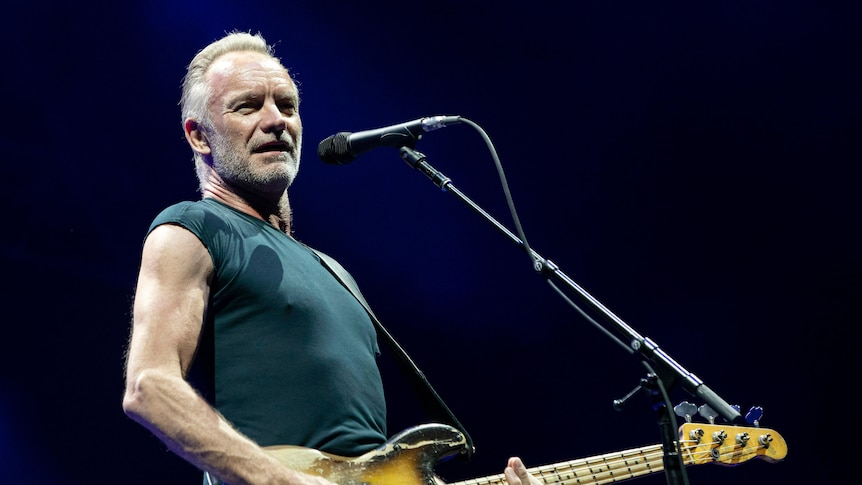 Sting looks out into the crowd while playing the guitar