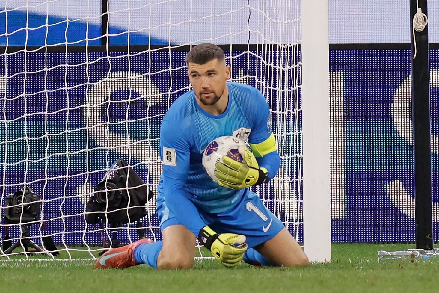 Mat Ryan of the Socceroos looks on after making a save