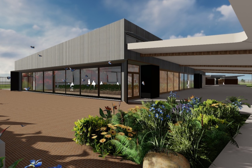 Rendered design of a modern dining and conference hall next to lush garden.