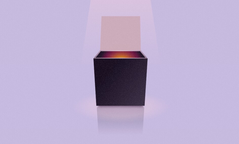 A 3D black box with light shining into it's open lid on a purple background