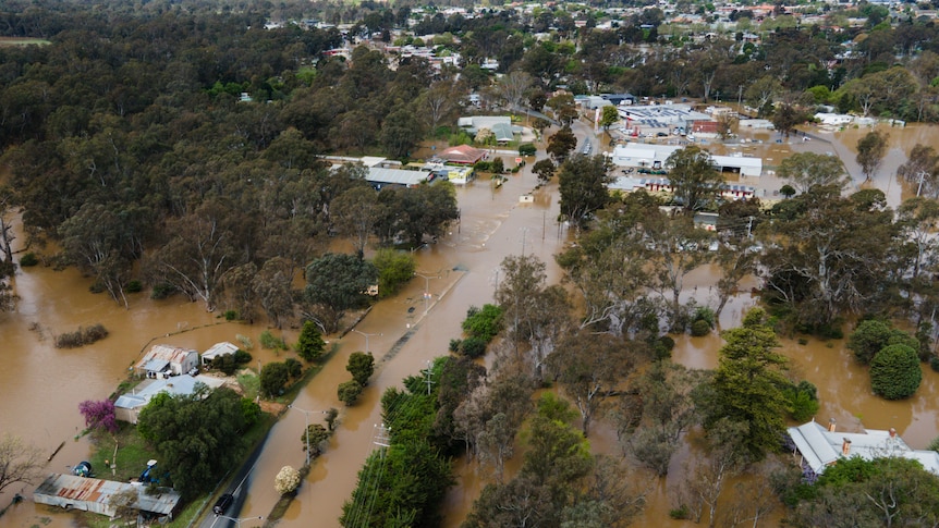 An aerial view of Seymour hit by floodwaters.