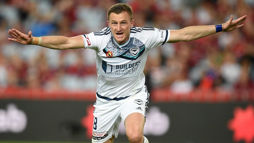 Besart Berisha of the Victory celebrates after scoring a goal against the Wanderers.