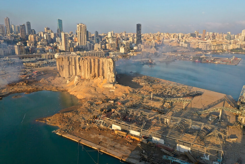 A drone picture shows the scene of an explosion that hit the seaport of Beirut, Lebanon, Wednesday.