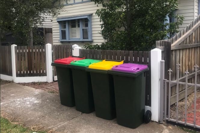Four bins with red, green, yellow and purple lids sit in a row on the footpath outside a house.