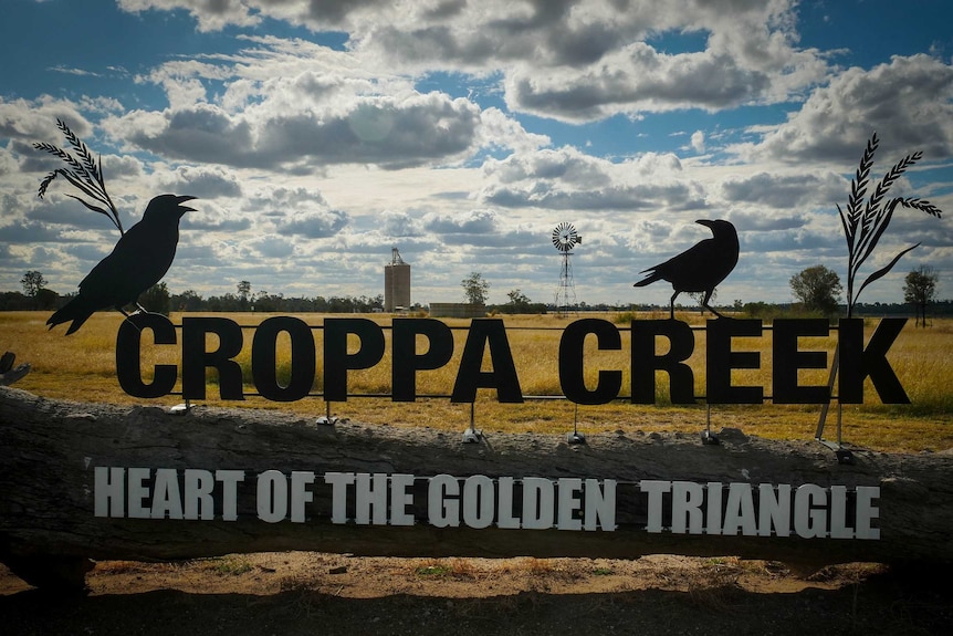 The Croppa Creek town sign which is decorated with crows. In the distance you can see a grain silo, water tanks and a windmill.