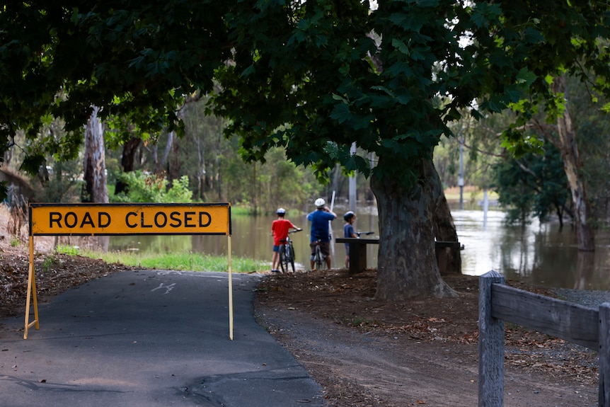 A road closed sign by a walking trail. Three young boys on bikes in the background. 