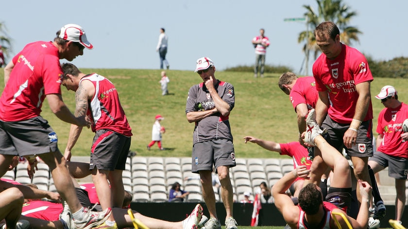 Wealth of knowledge...Six-times premiership coach Wayne Bennett watches over his troops on Thursday.