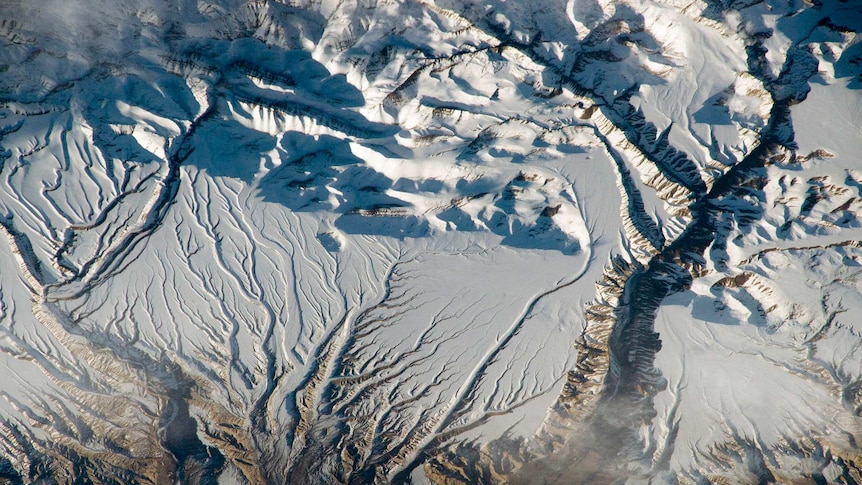 The Himalaya range is seen from space with ice caps and rivers seen in high contrast, while brown earth is seen at bottom.