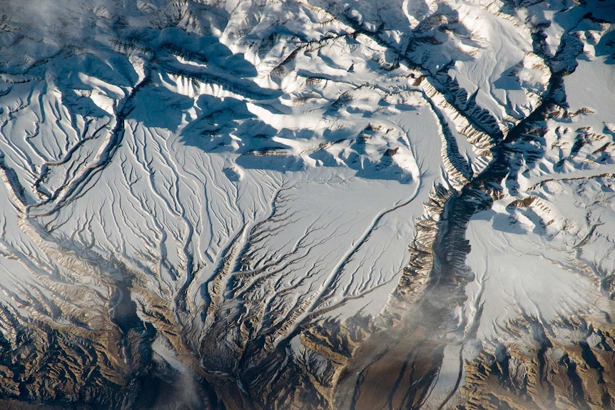 The Himalaya range is seen from space with ice caps and rivers seen in high contrast, while brown earth is seen at bottom.